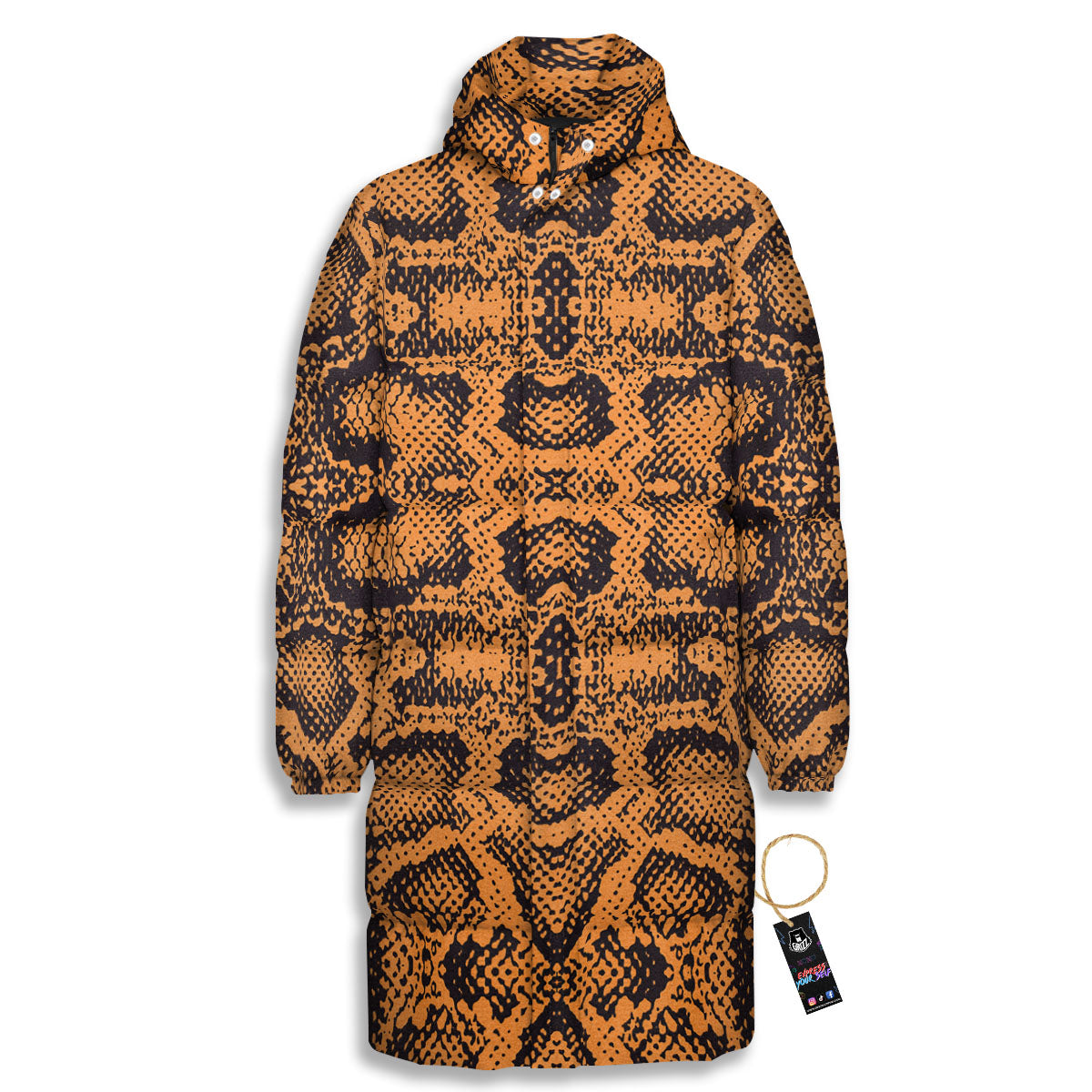 Snakeskin Orange Print Pattern Long Down Jacket-grizzshop