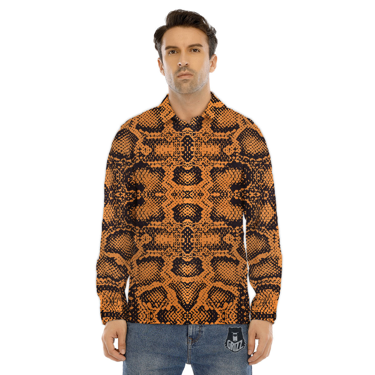 Snakeskin Orange Print Pattern Men's Dress Shirts-grizzshop