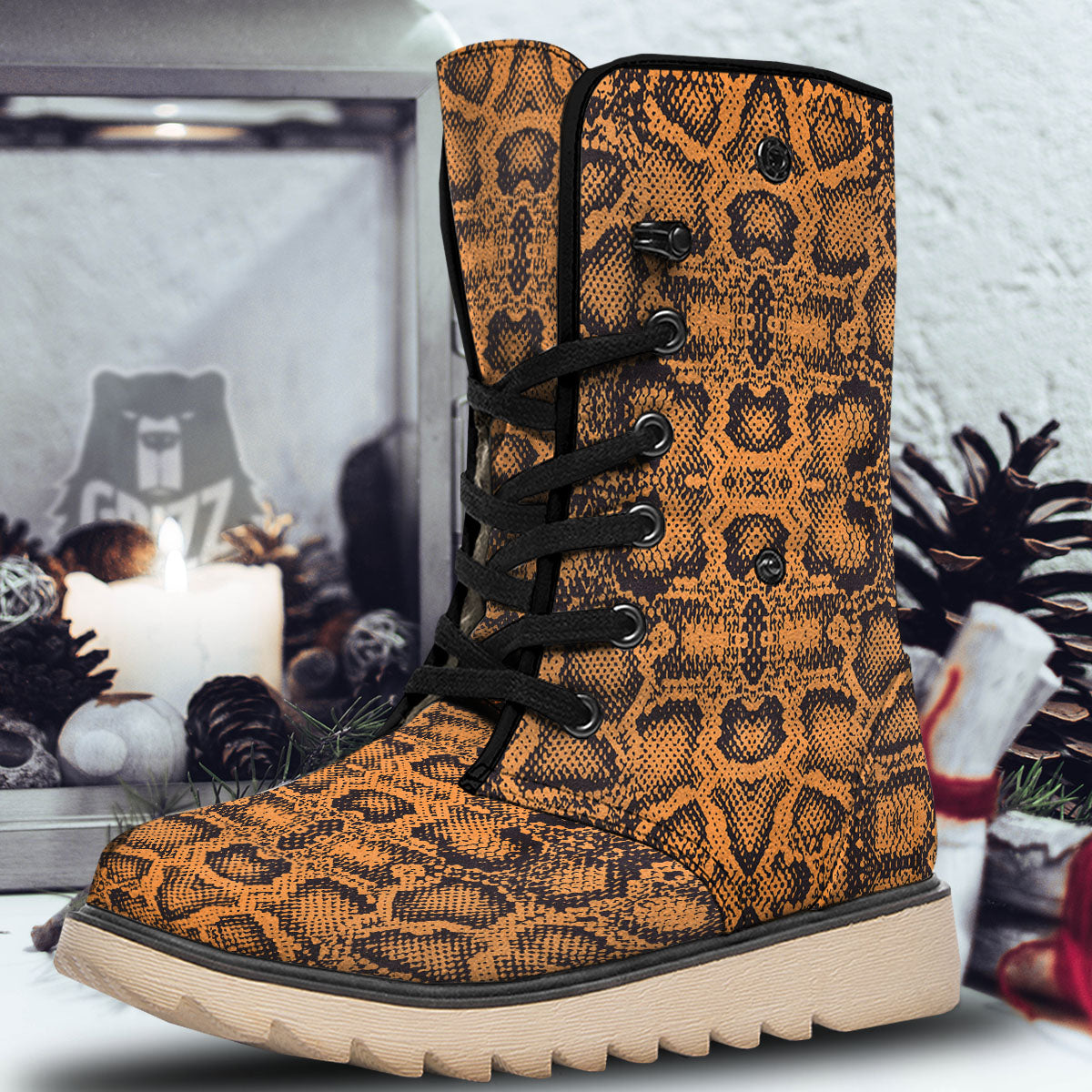 Snakeskin Orange Print Pattern Snow Boots-grizzshop