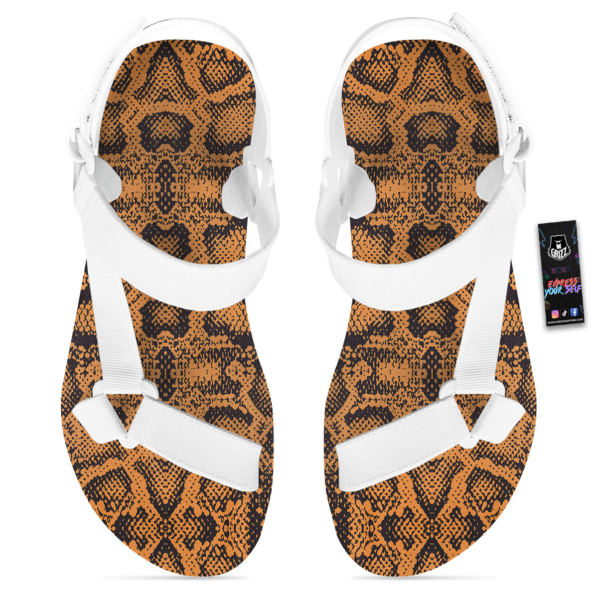 Snakeskin Orange Print Pattern White Open Toe Sandals-grizzshop