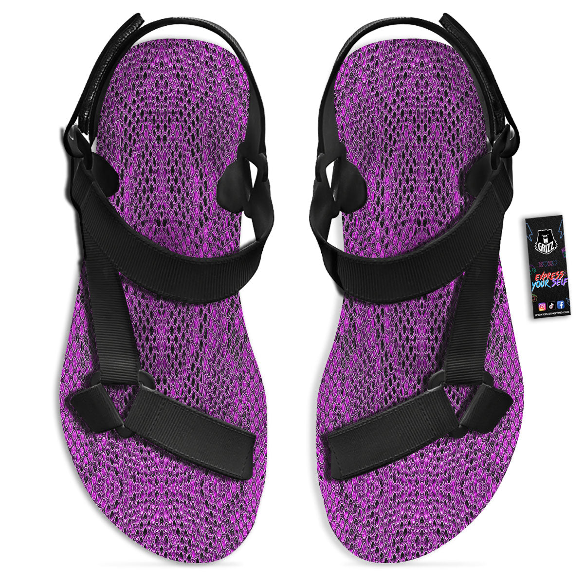 Snakeskin Purple Print Pattern Black Open Toe Sandals-grizzshop