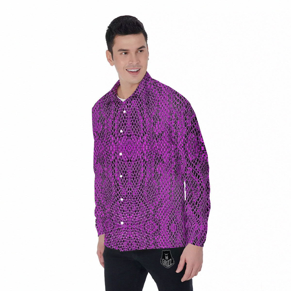 Snakeskin Purple Print Pattern Men's Long Sleeve Shirts-grizzshop