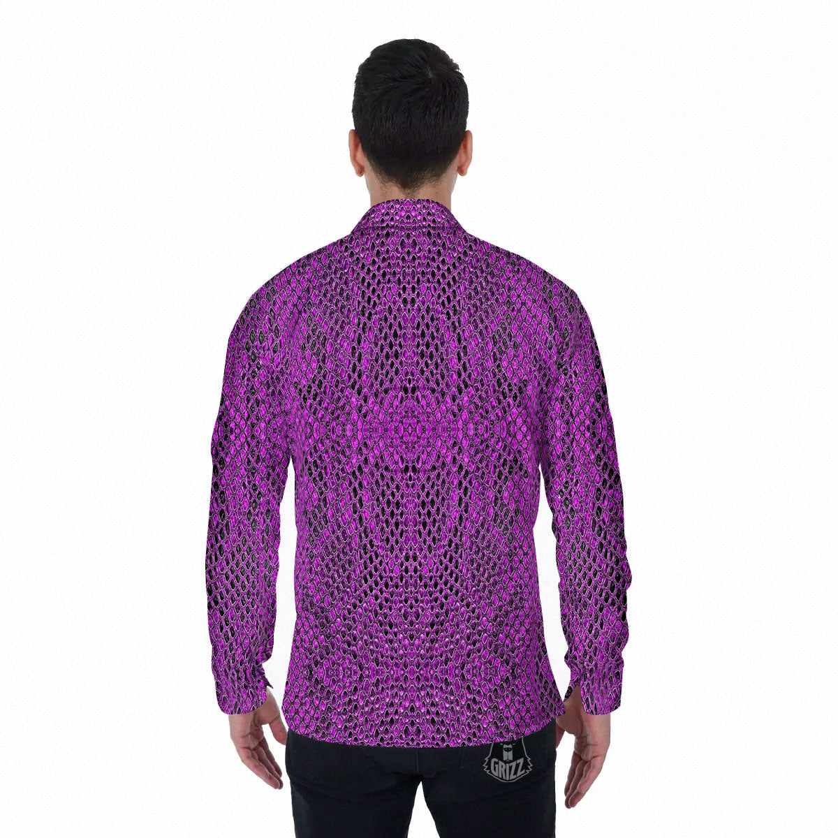Snakeskin Purple Print Pattern Men's Long Sleeve Shirts-grizzshop