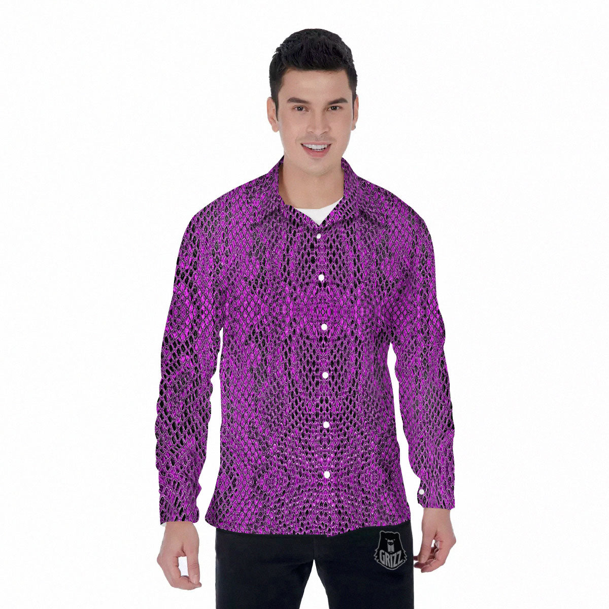 Snakeskin Purple Print Pattern Men's Long Sleeve Shirts-grizzshop