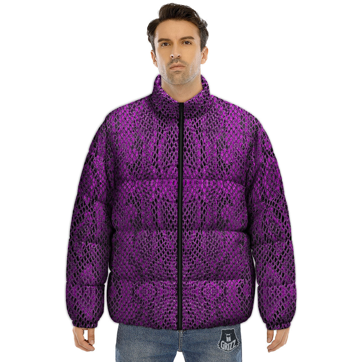 Snakeskin Purple Print Pattern Puffer Jacket-grizzshop