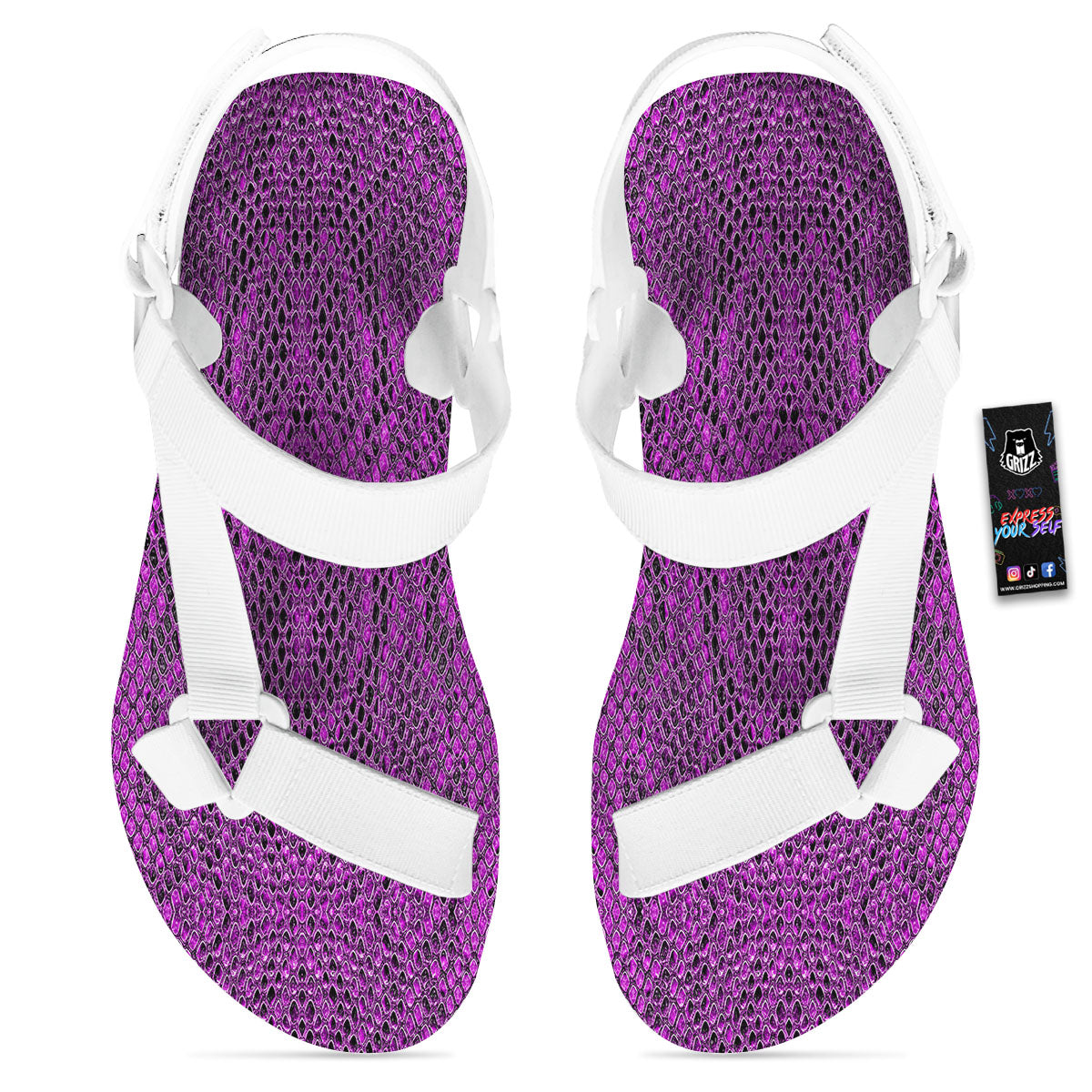 Snakeskin Purple Print Pattern White Open Toe Sandals-grizzshop