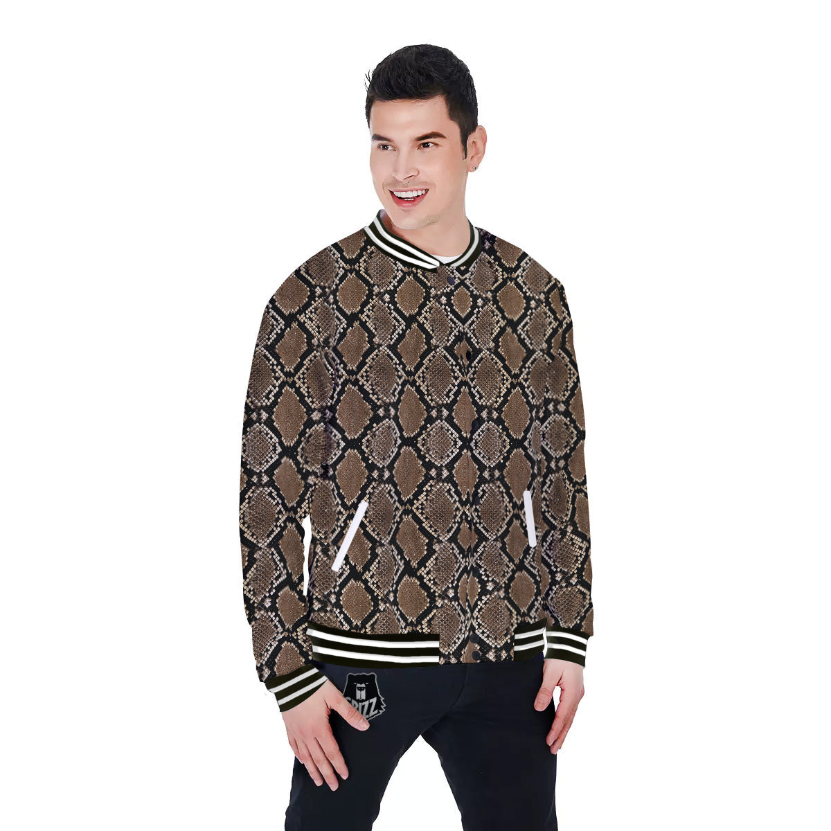 Snakeskin Python Brown Print Baseball Jacket-grizzshop