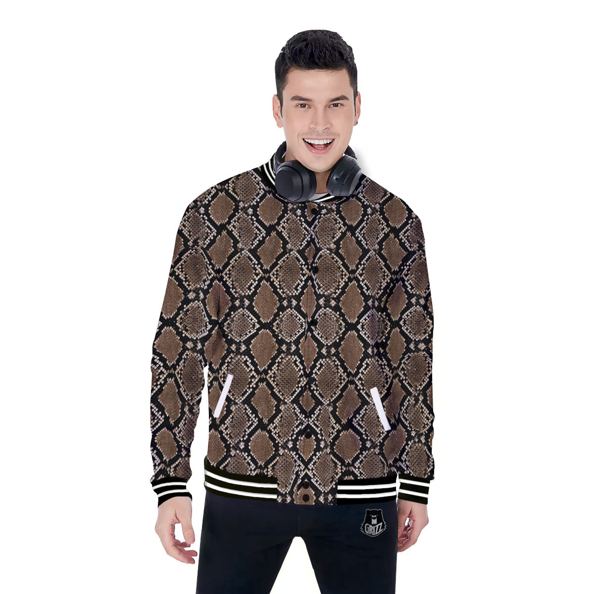 Snakeskin Python Brown Print Baseball Jacket-grizzshop