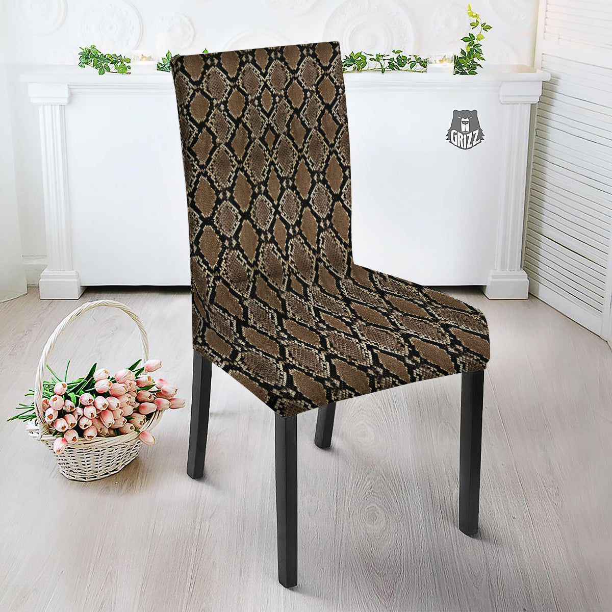 Snakeskin Python Brown Print Dining Chair Slipcover-grizzshop