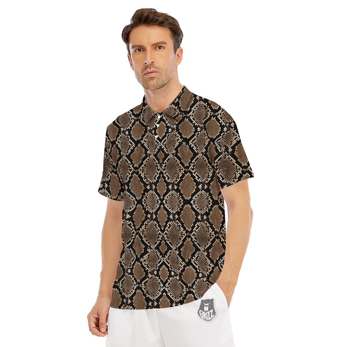 Snakeskin Python Brown Print Men's Golf Shirts-grizzshop