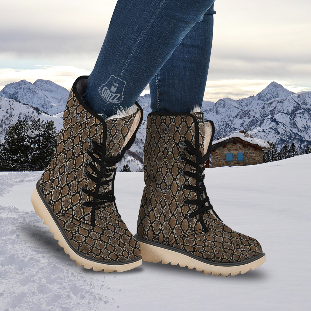 Snakeskin Python Brown Print Snow Boots-grizzshop