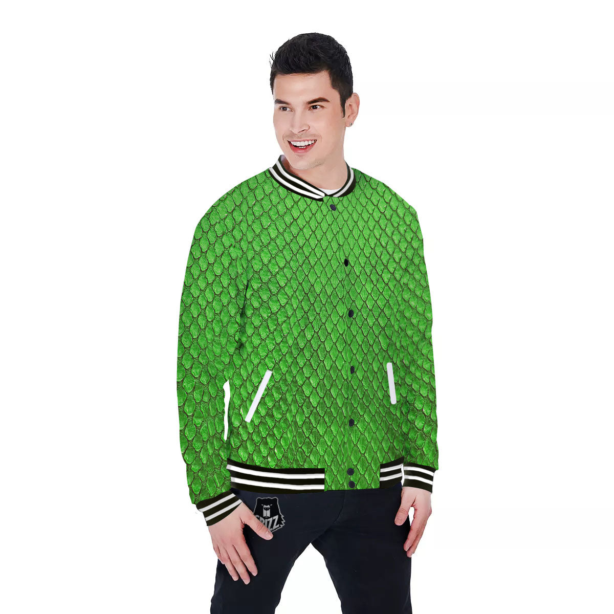 Snakeskin Python Green Print Baseball Jacket-grizzshop