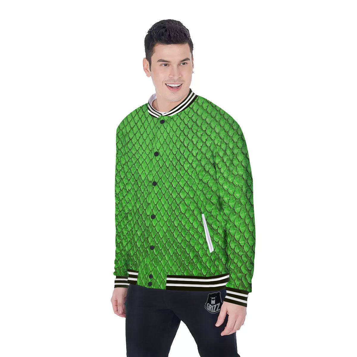Snakeskin Python Green Print Baseball Jacket-grizzshop