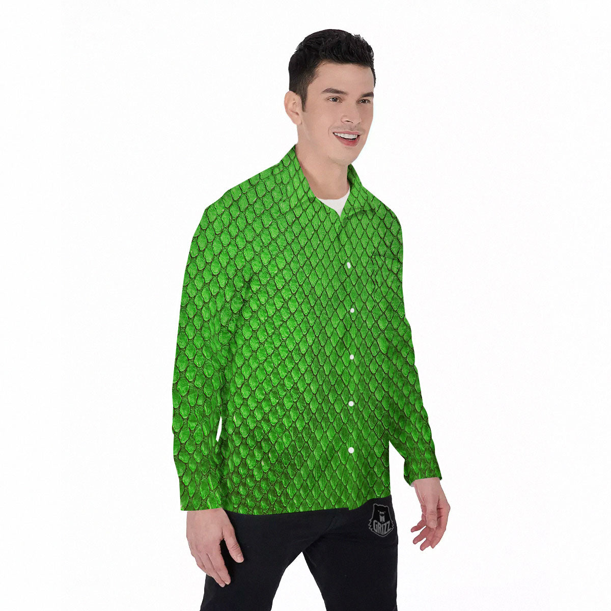 Snakeskin Python Green Print Men's Long Sleeve Shirts-grizzshop