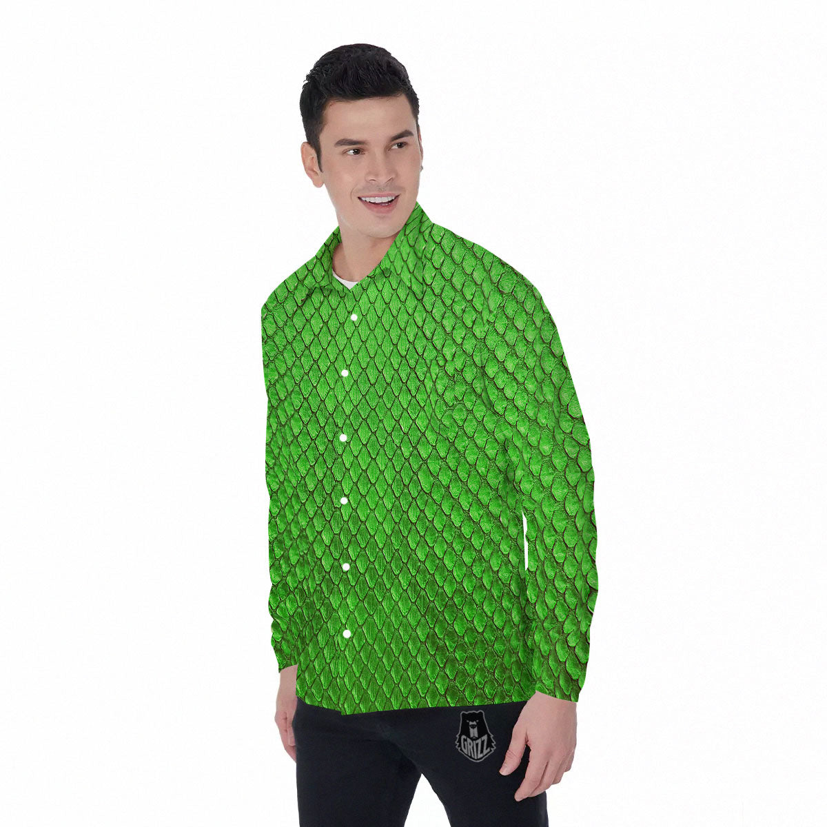Snakeskin Python Green Print Men's Long Sleeve Shirts-grizzshop