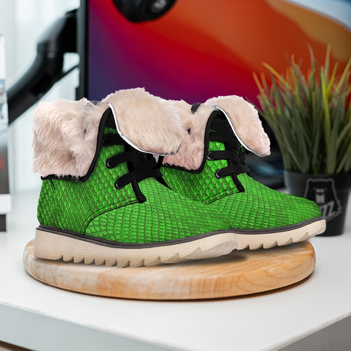 Snakeskin Python Green Print Snow Boots-grizzshop