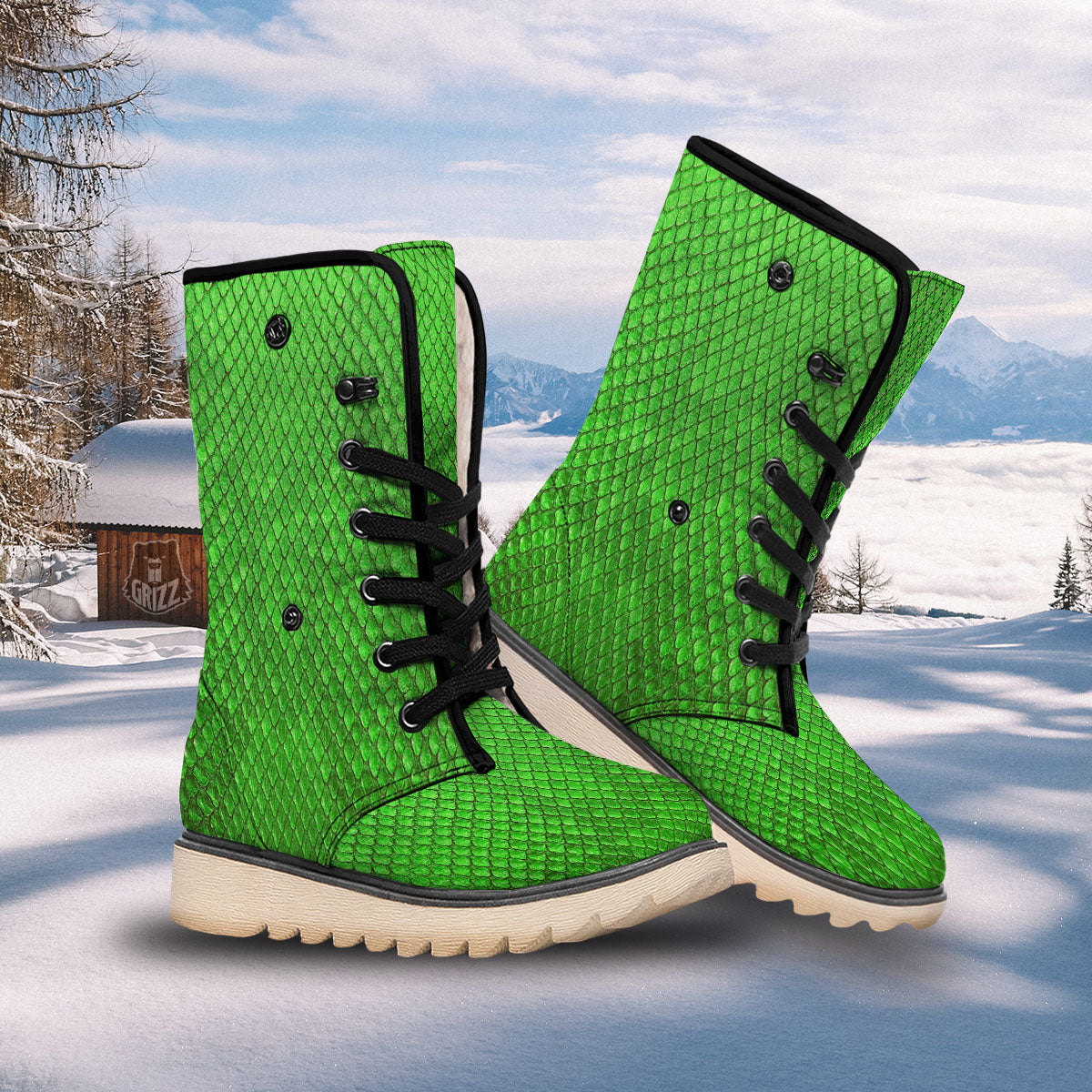 Snakeskin Python Green Print Snow Boots-grizzshop
