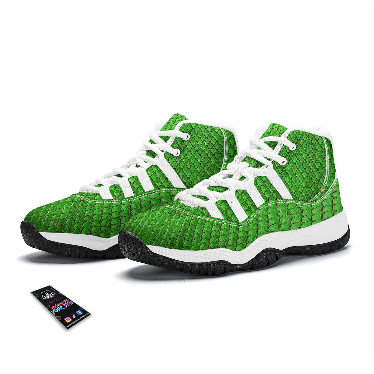 Snakeskin Python Green Print White Bball Shoes-grizzshop