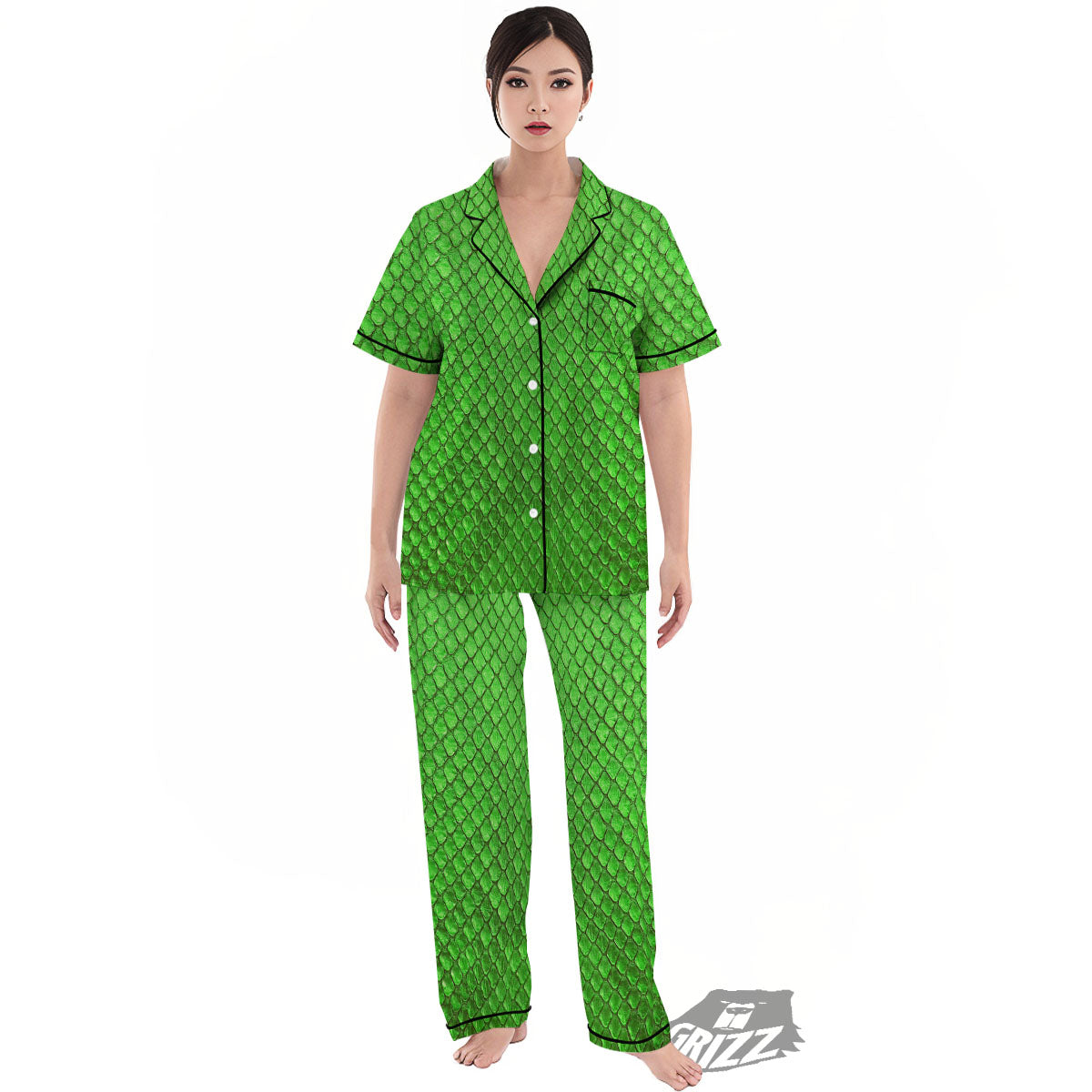 Snakeskin Python Green Print Women's Pajamas Set-grizzshop