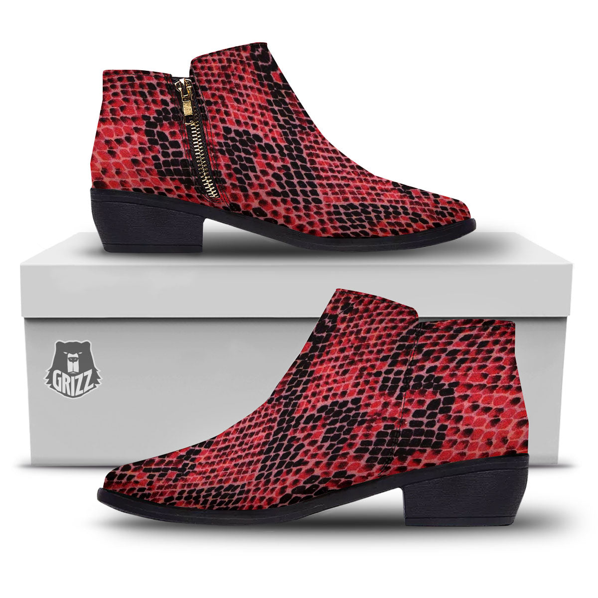 Snakeskin Python Red Print Ankle Boots-grizzshop