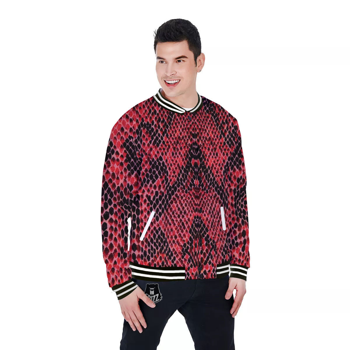 Snakeskin Python Red Print Baseball Jacket-grizzshop