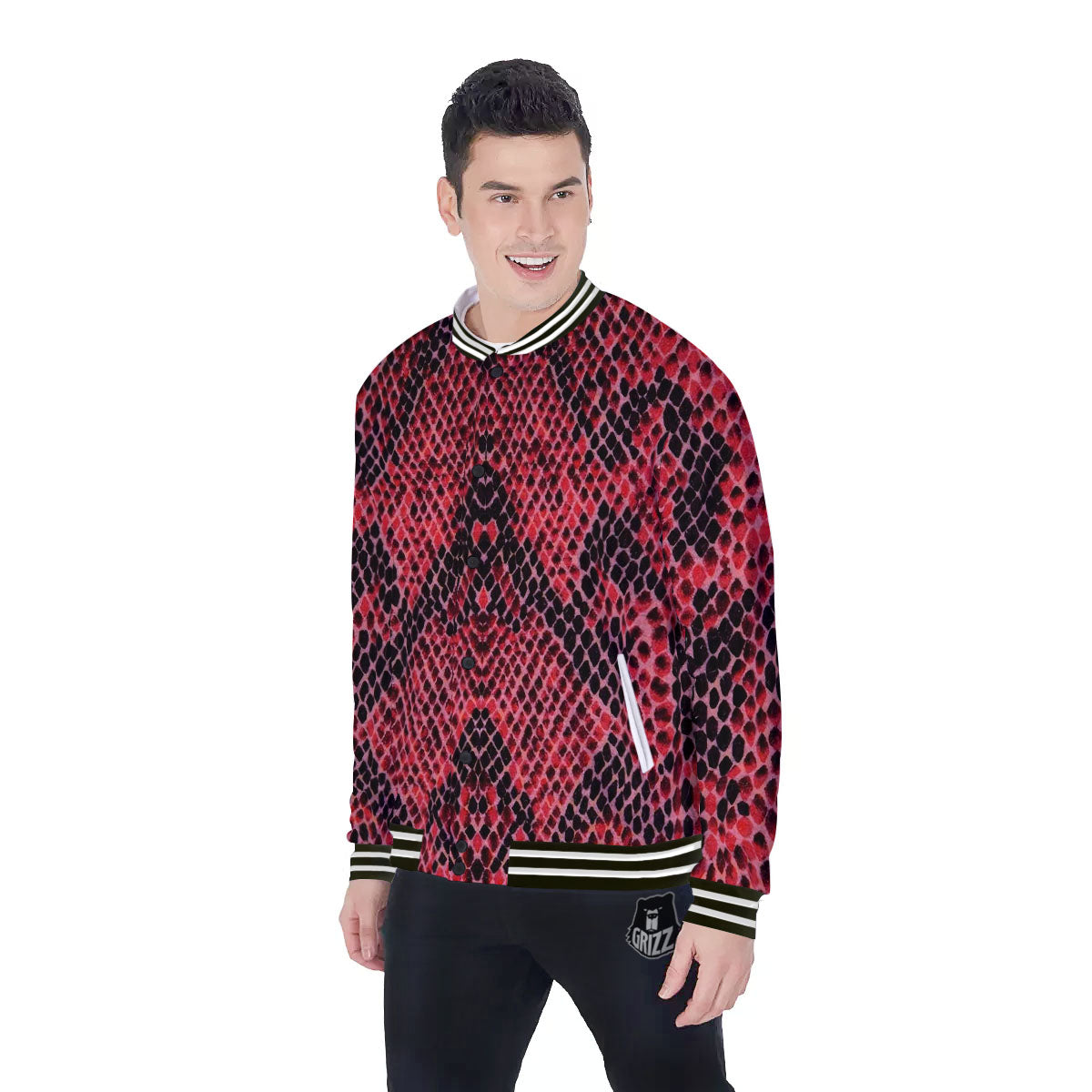 Snakeskin Python Red Print Baseball Jacket-grizzshop