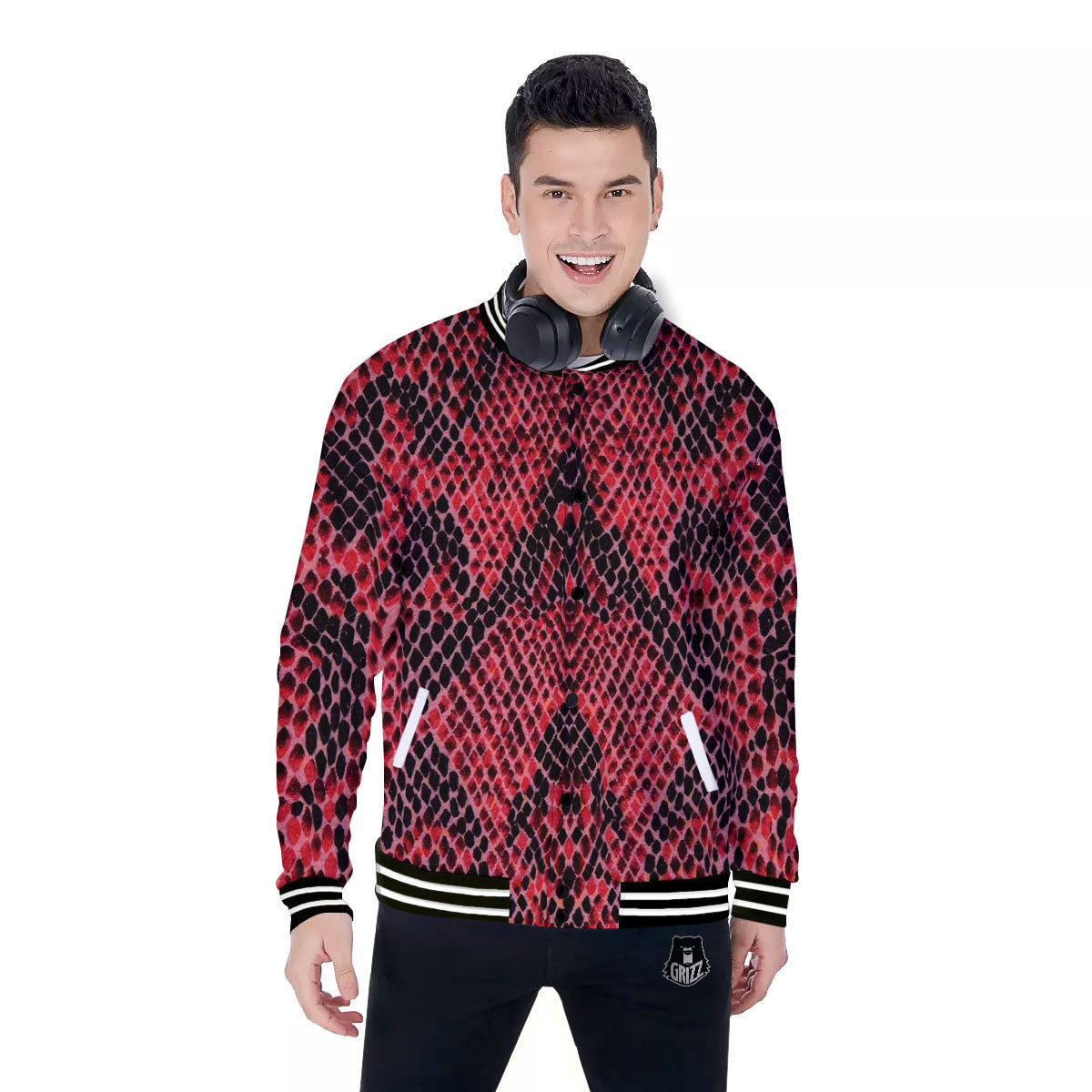Snakeskin Python Red Print Baseball Jacket-grizzshop