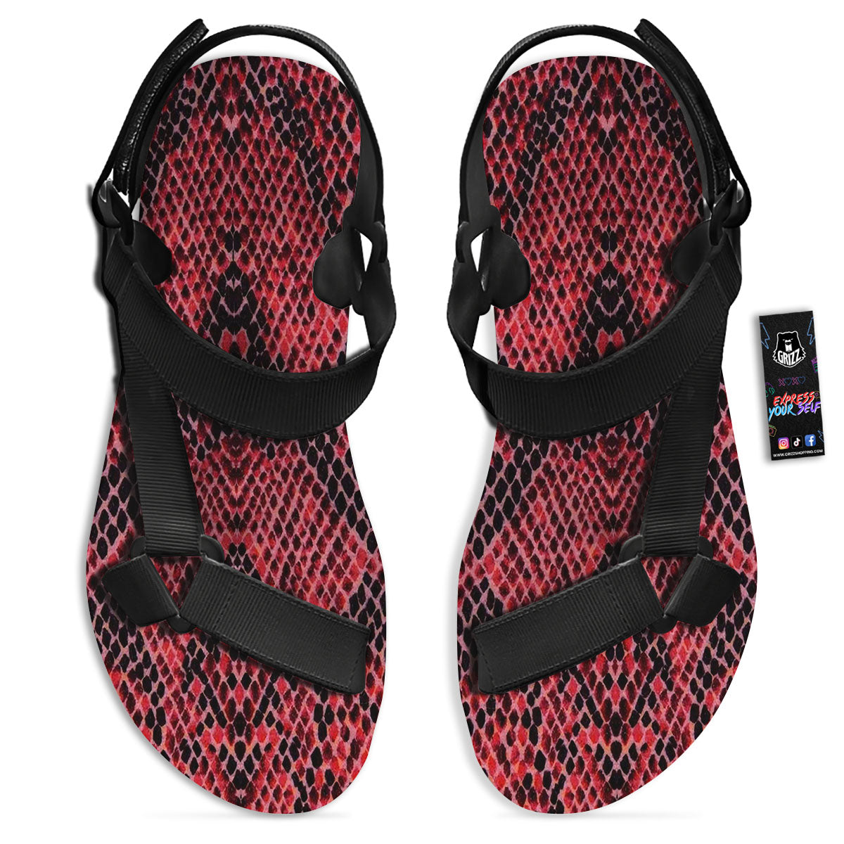 Snakeskin Python Red Print Black Open Toe Sandals-grizzshop