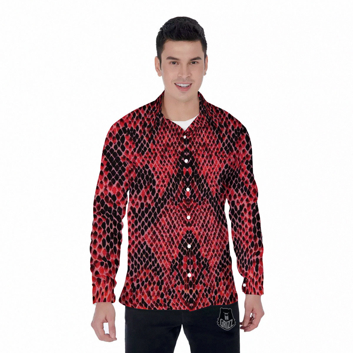 Snakeskin Python Red Print Men's Long Sleeve Shirts-grizzshop