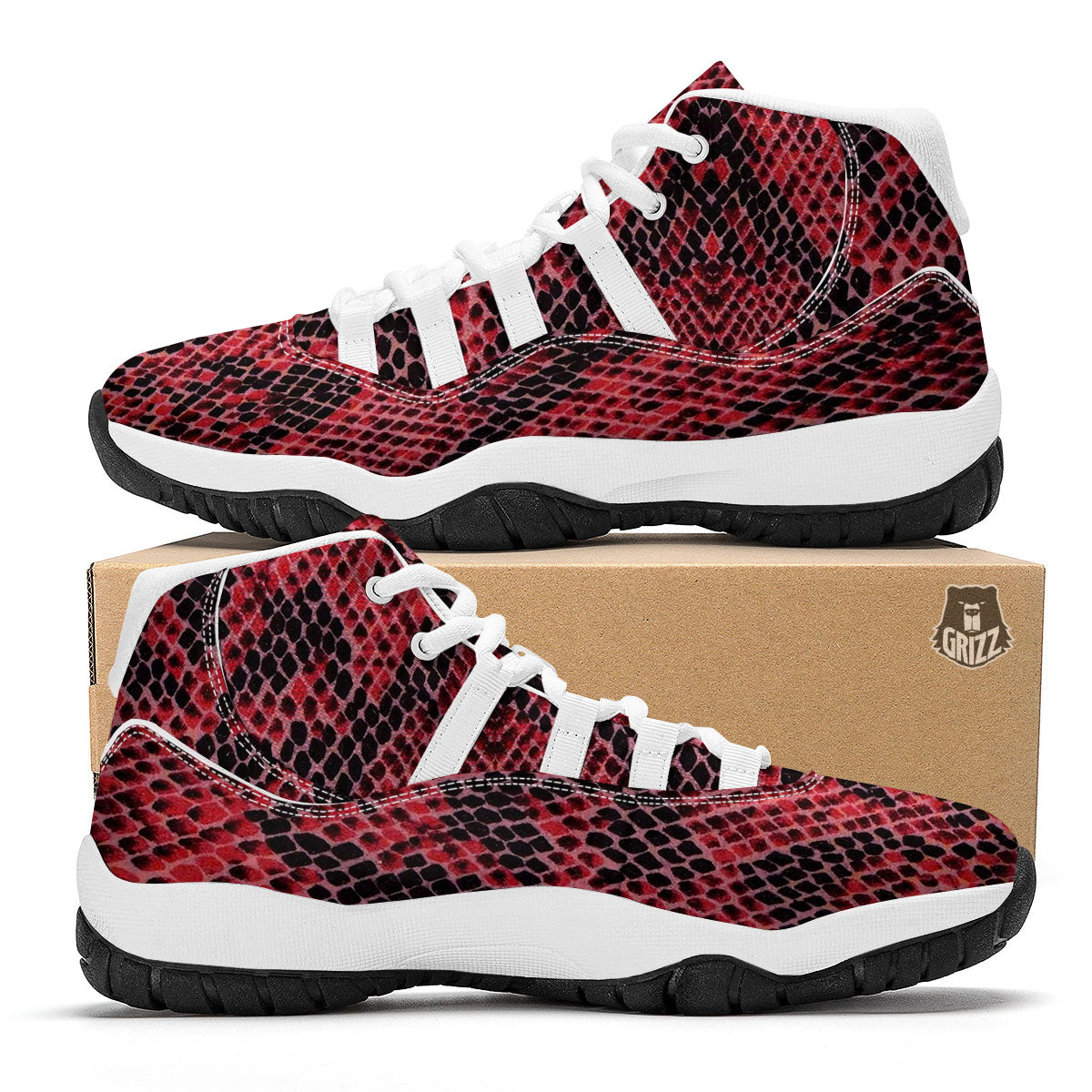 Snakeskin Python Red Print White Bball Shoes-grizzshop