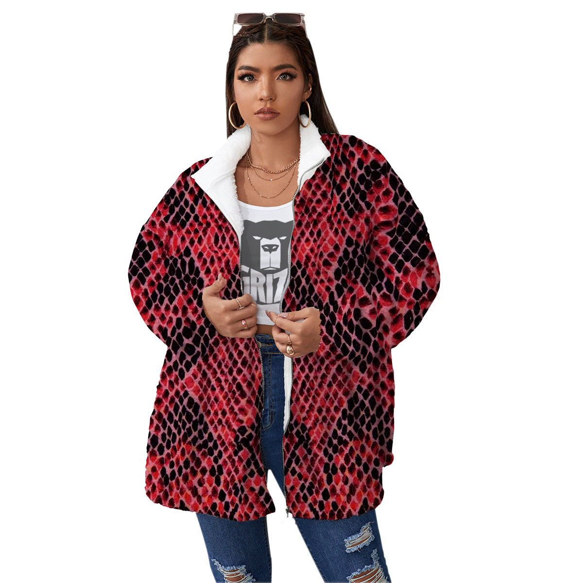 Snakeskin Python Red Print Women's Sherpa Jacket-grizzshop