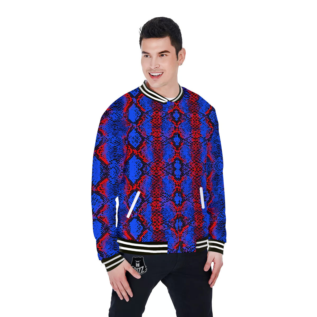 Snakeskin Red And Blue Print Baseball Jacket-grizzshop