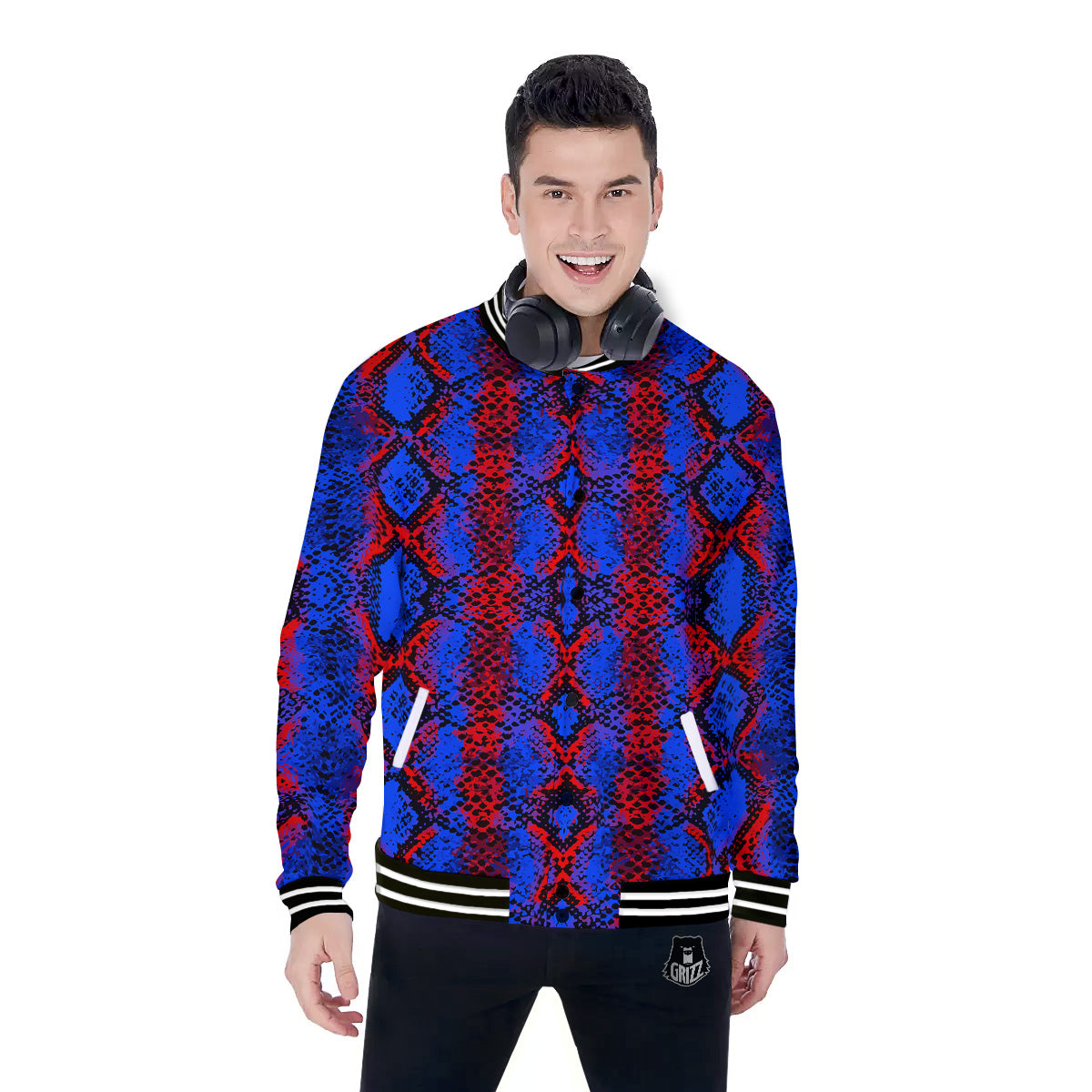 Snakeskin Red And Blue Print Baseball Jacket-grizzshop