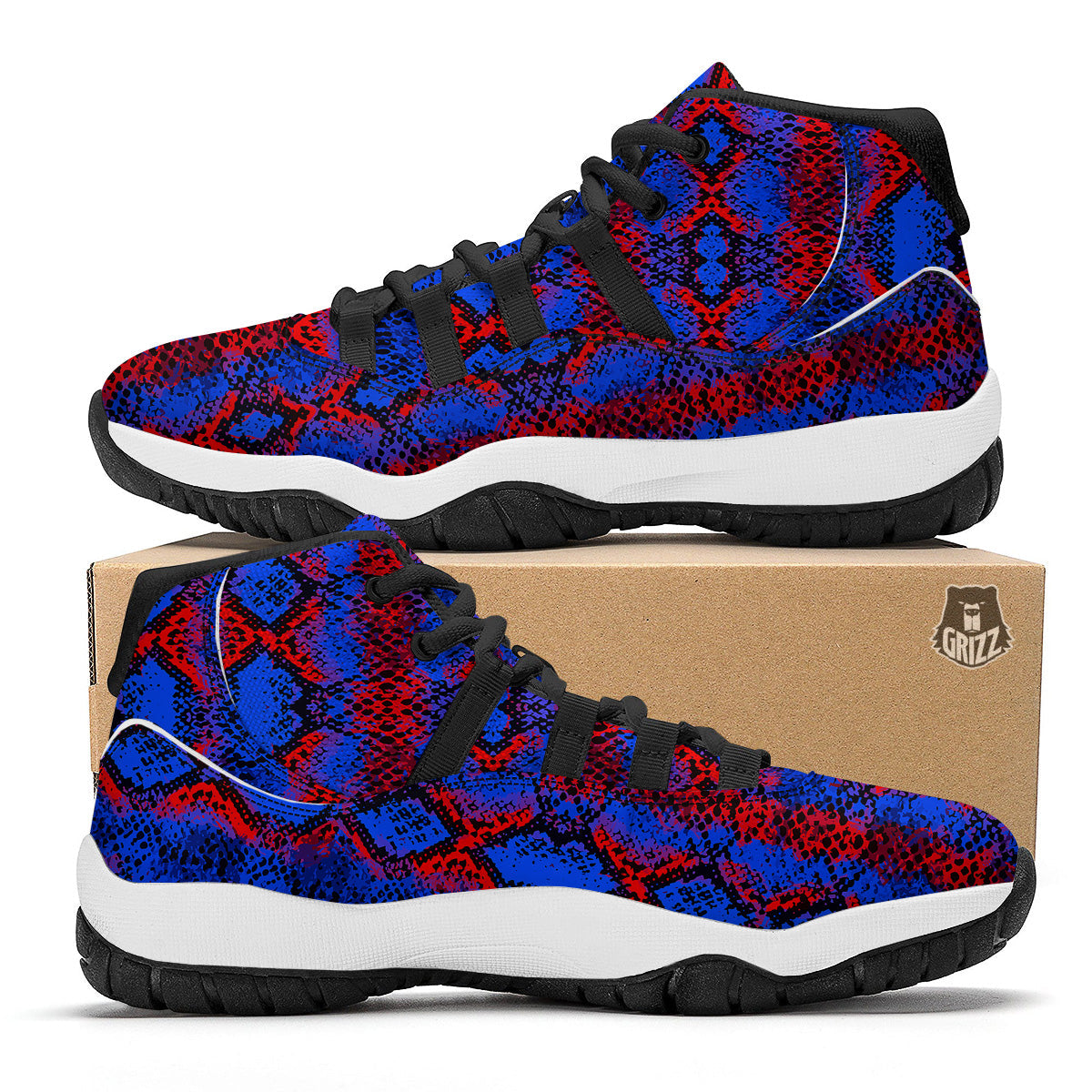 Snakeskin Red And Blue Print Black Bball Shoes-grizzshop