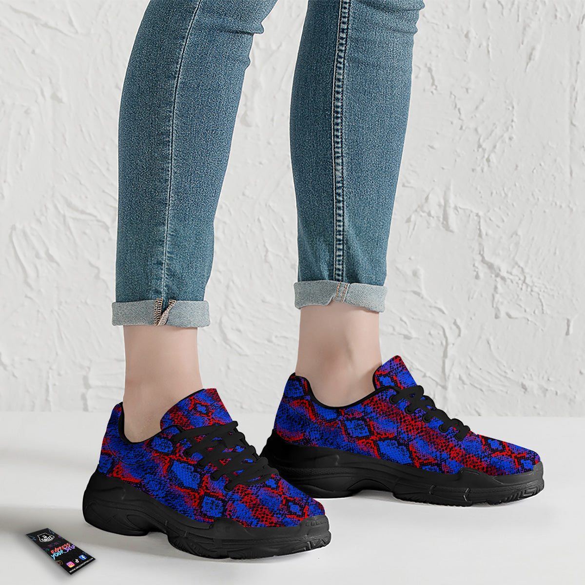 Snakeskin Red And Blue Print Black Chunky Shoes-grizzshop