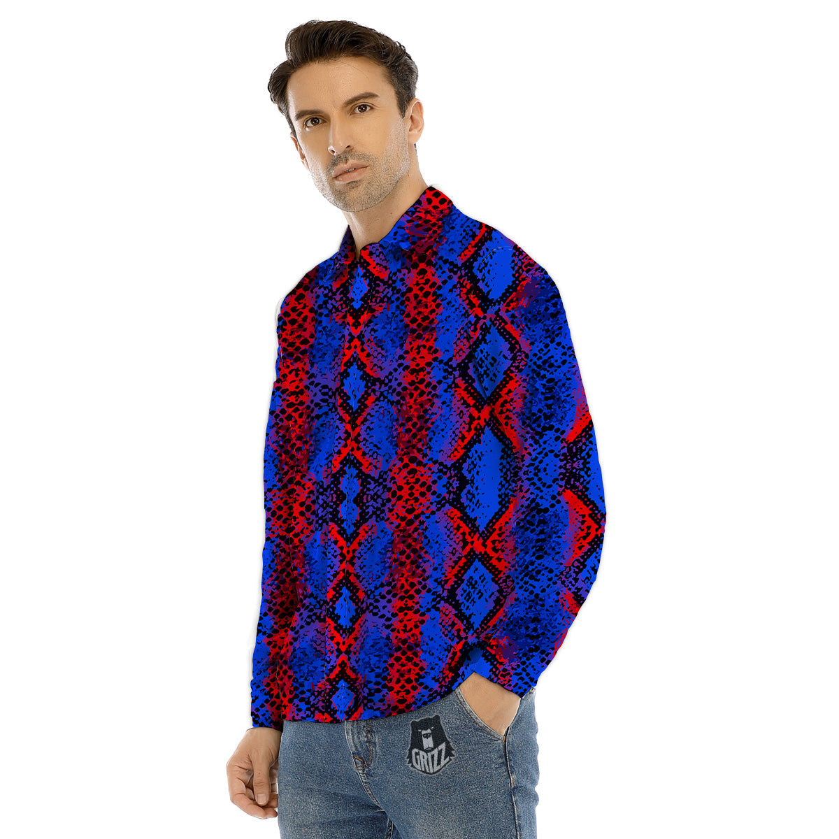 Snakeskin Red And Blue Print Men's Dress Shirts-grizzshop