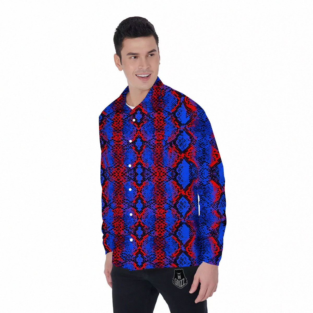 Snakeskin Red And Blue Print Men's Long Sleeve Shirts-grizzshop