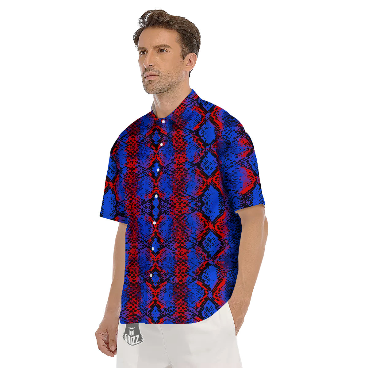 Snakeskin Red And Blue Print Men's Short Sleeve Shirts-grizzshop