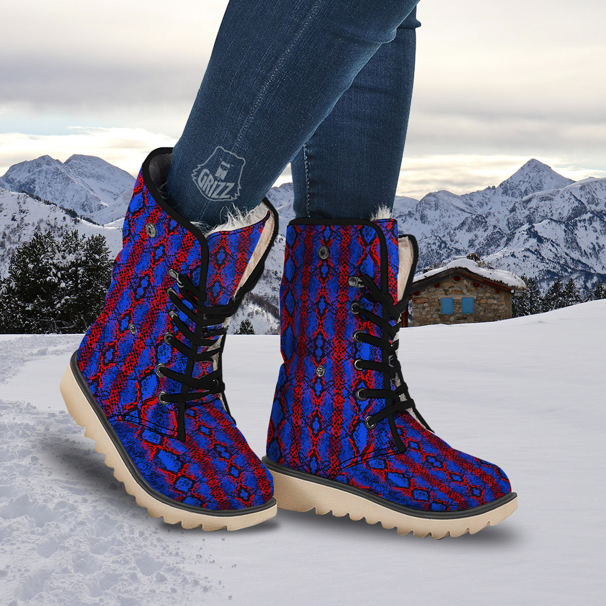 Snakeskin Red And Blue Print Snow Boots-grizzshop