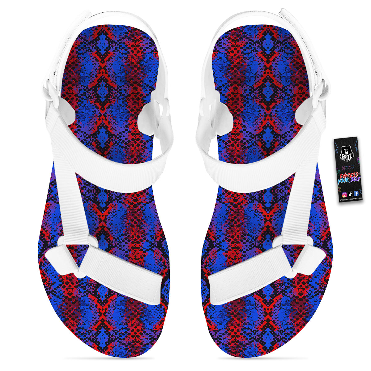 Snakeskin Red And Blue Print White Open Toe Sandals-grizzshop