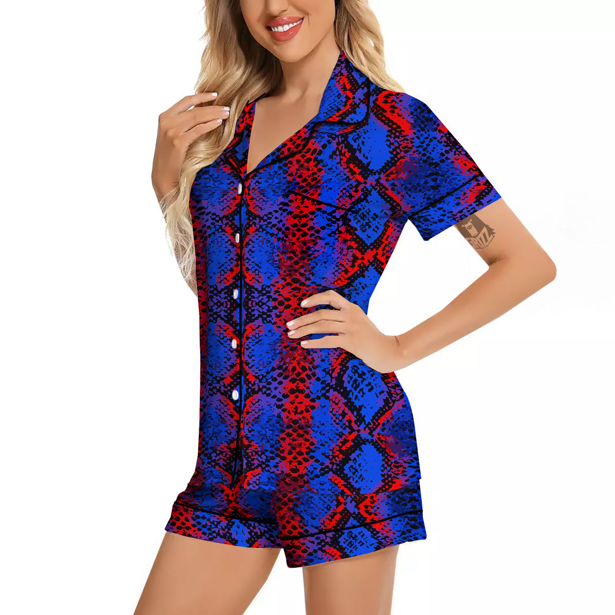 Snakeskin Red And Blue Print Women Silk Pajamas-grizzshop