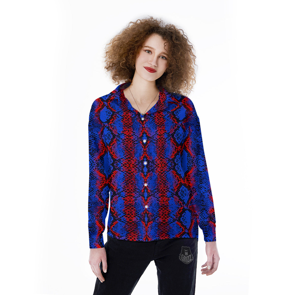 Snakeskin Red And Blue Print Women's Long Sleeve Shirts-grizzshop