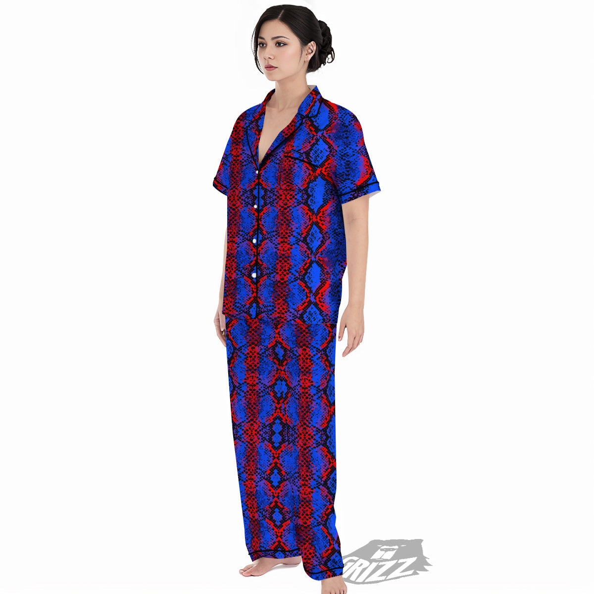 Snakeskin Red And Blue Print Women's Pajamas Set-grizzshop