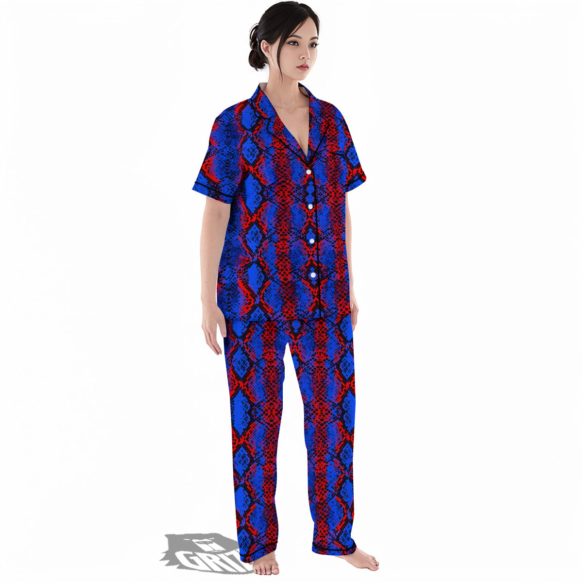 Snakeskin Red And Blue Print Women's Pajamas Set-grizzshop