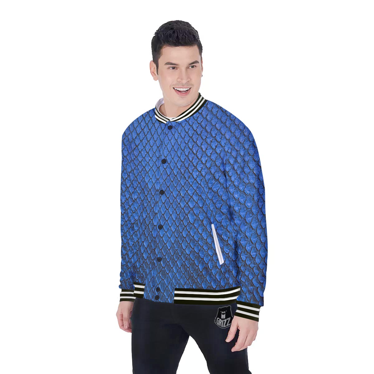 Snakeskin Steel Blue Print Baseball Jacket-grizzshop