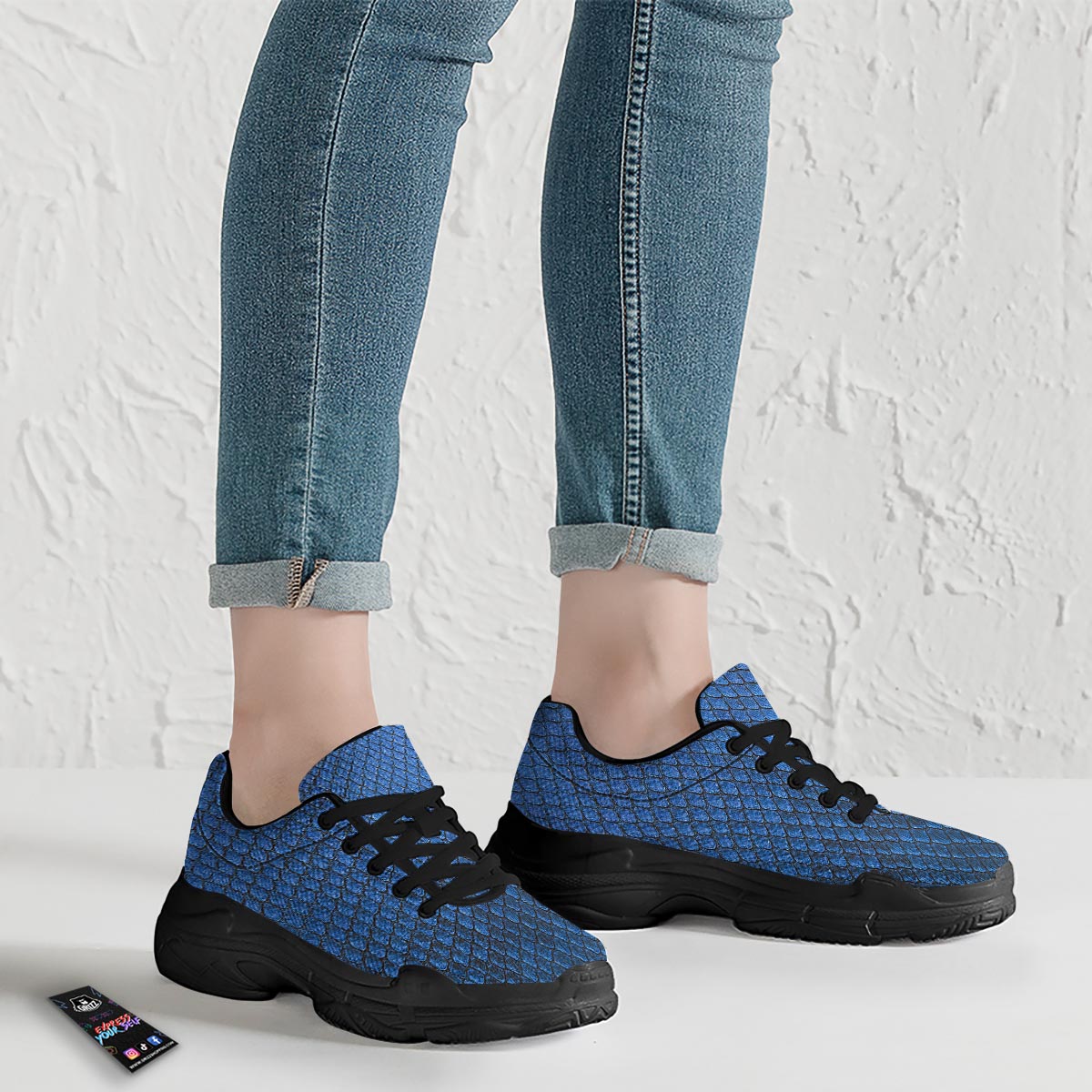 Snakeskin Steel Blue Print Black Chunky Shoes-grizzshop