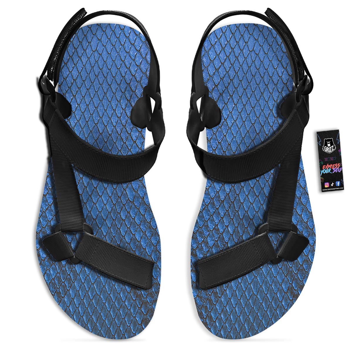 Snakeskin Steel Blue Print Black Open Toe Sandals-grizzshop