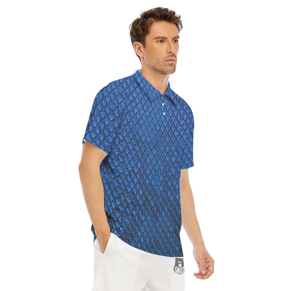 Snakeskin Steel Blue Print Men's Golf Shirts-grizzshop
