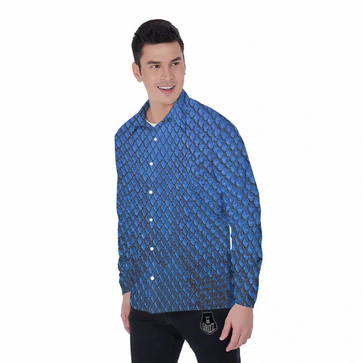 Snakeskin Steel Blue Print Men's Long Sleeve Shirts-grizzshop