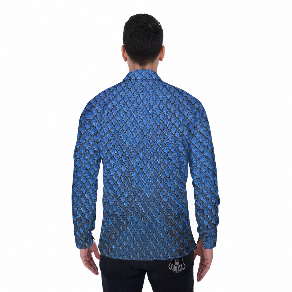 Snakeskin Steel Blue Print Men's Long Sleeve Shirts-grizzshop